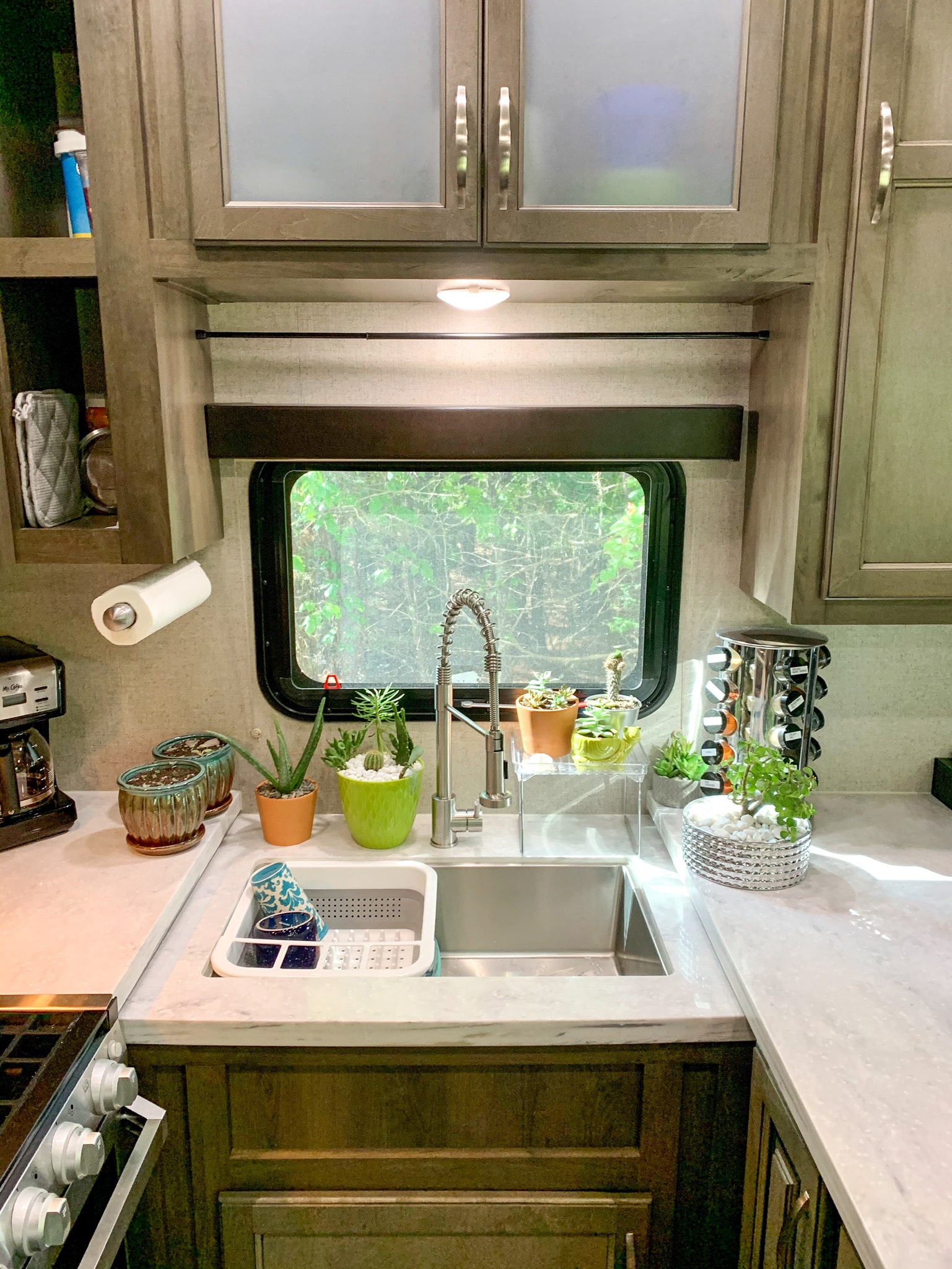 RV kitchen decorated with plants