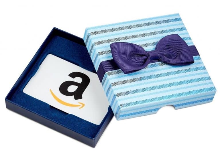 Amazon gift card in a blue box with bow
