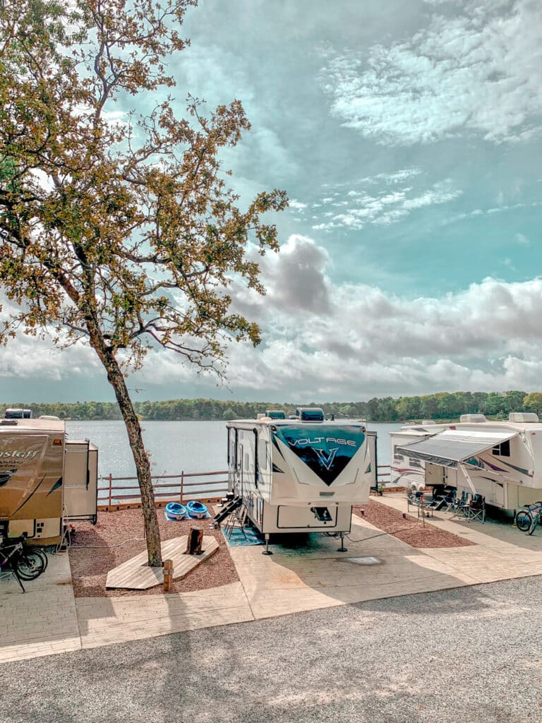 RV's lined up in front of lake