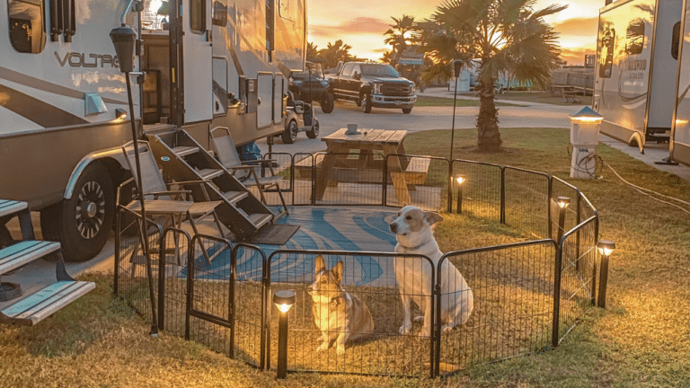 Dog playpen set up around fifth wheel RV with 2 dogs sitting inside at sunset.