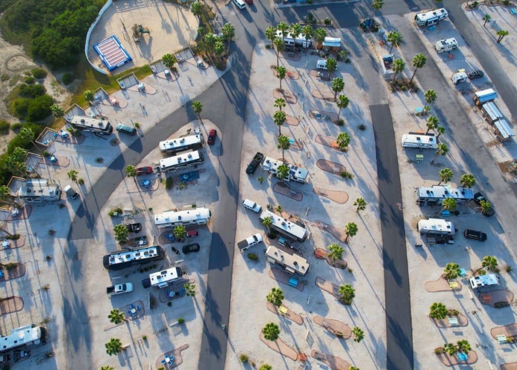 Aerial view of the South Padre Island KOA RV park looking straight down at rows of RV sites