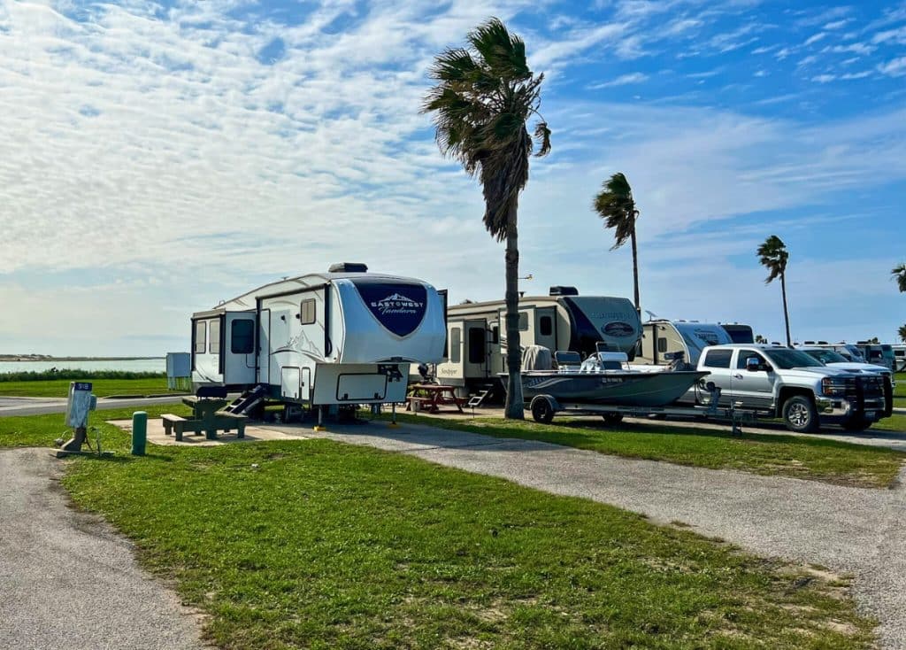 RV sites backing up to the bay in Isla Blanca RV Park