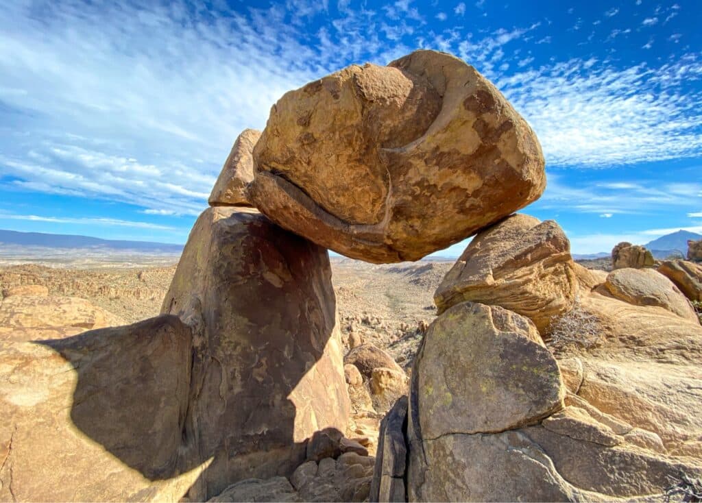 Balanced rock on the Grapevine Hills Trail in Big Bend National Park on a sunny day. 