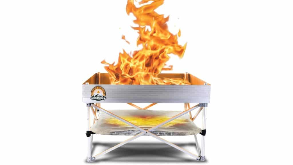Picture of a silver collapsible fire pan with flames coming out the top.