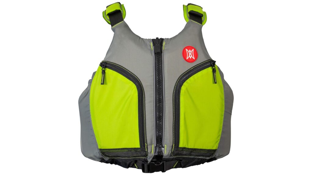 Picture of a grey, black, and tennis ball green personal flotation device.