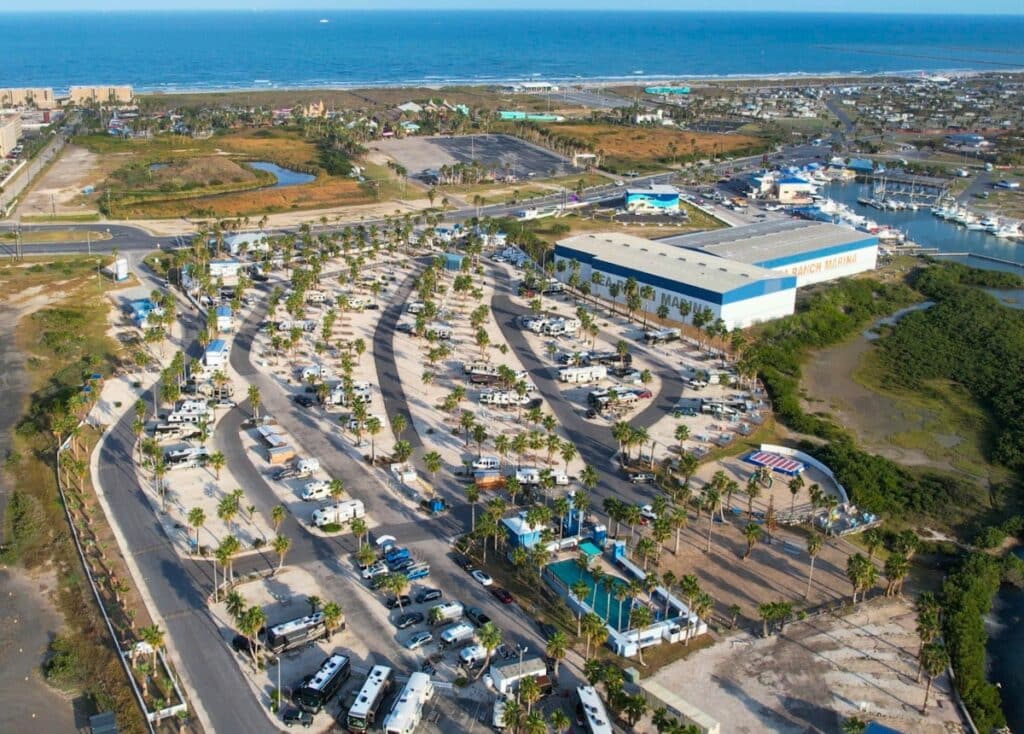Aerial view of the South Padre Island KOA. Ocean is off in the distance.