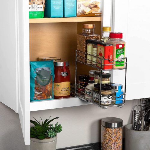 Spice rack pulled out of cabinet