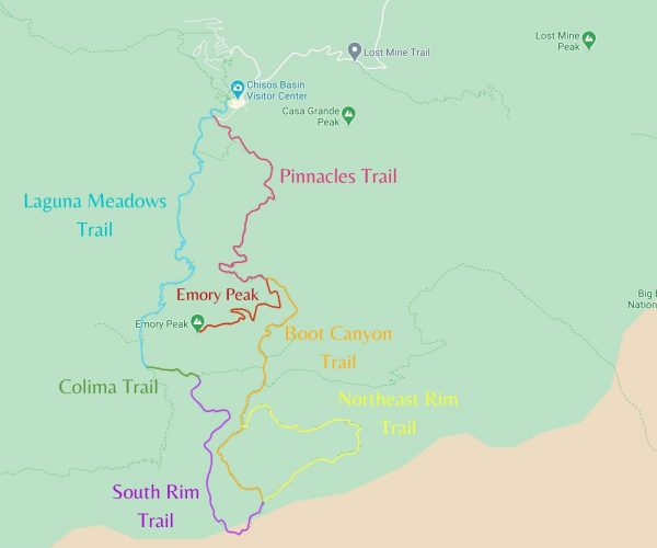 Map detailing the south rim hike in big bend national park.