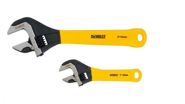 Two yellow Dewalt adjustable wrenches