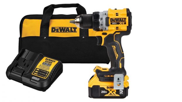 Dewalt yellow and black drill with tool bag and charger