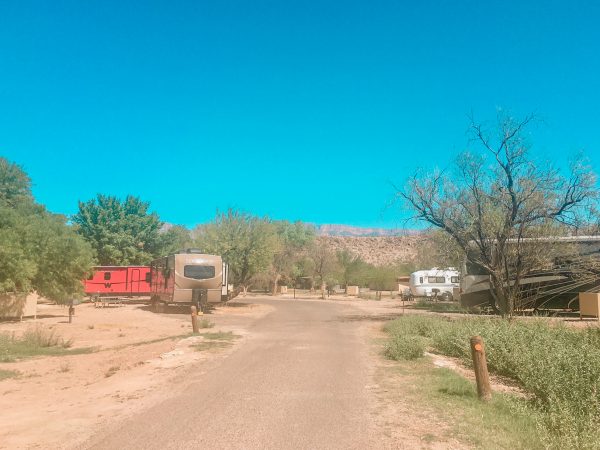Rio Grande Village campground views. RV campsites surrounded by trees and mountains.