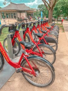Row of red ride share bikes lined up in Washington D.C.