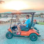 man and dog sitting on golf cart overlooking sunset