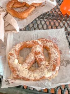 Giant pretzel covered in Parmesan cheese