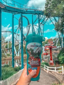 drink bottle in front of coaster at Hershey Park