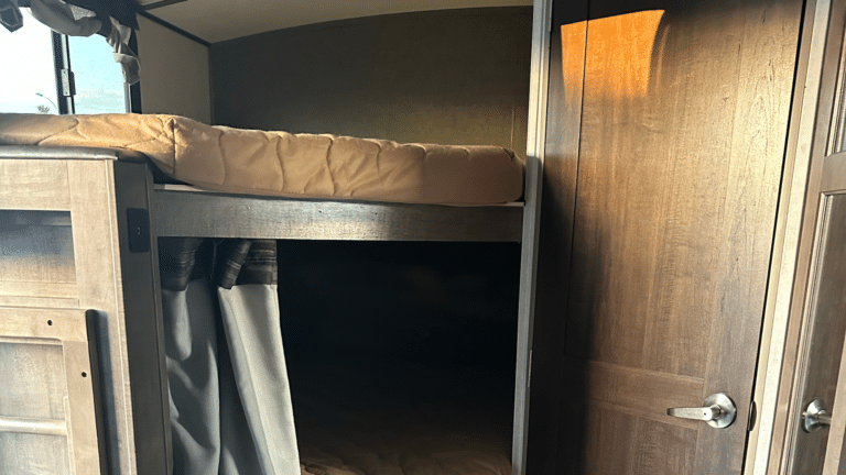 RV travel trailer corner bunk beds.