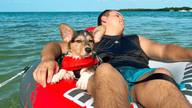Man sitting on tube relaxing with corgi dog in a life jacket