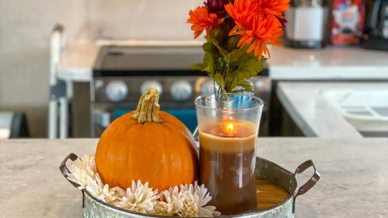 Thanksgiving centerpiece. Metal tray with pumpkin, candle, and vase of flowers