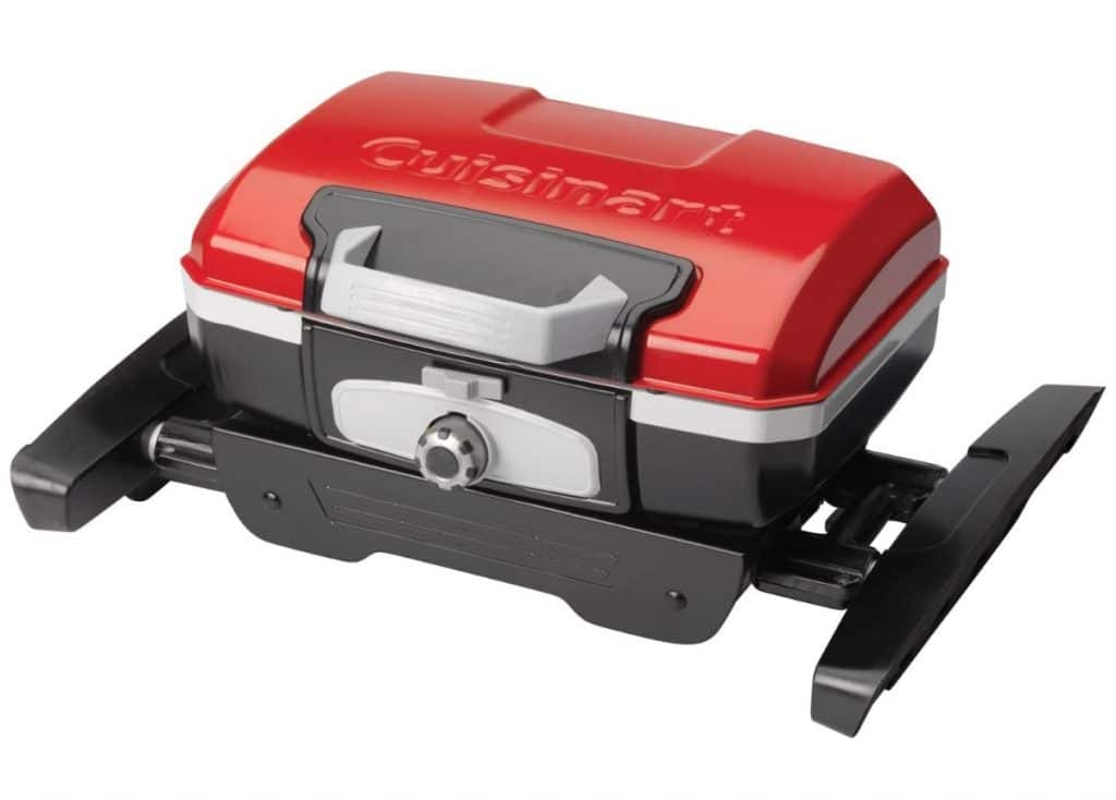 Red portable gas grill in folded position