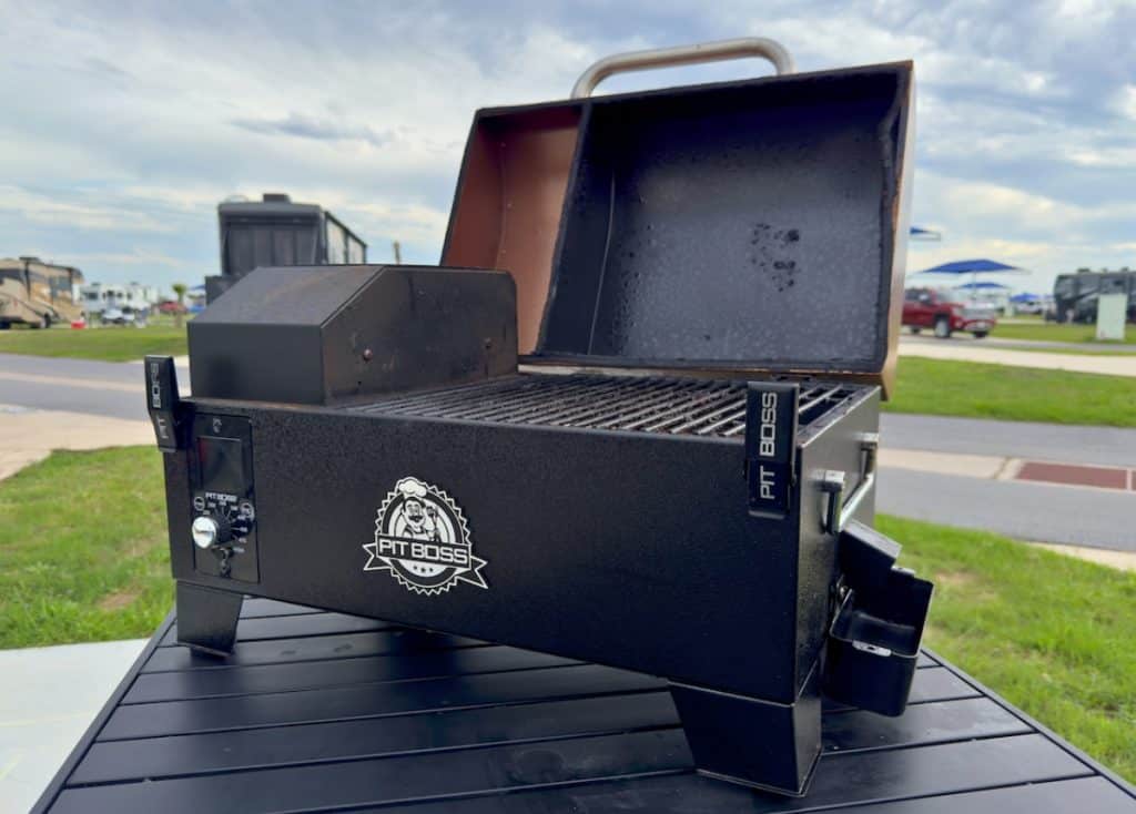 Pitboss Grill on table with lid open
