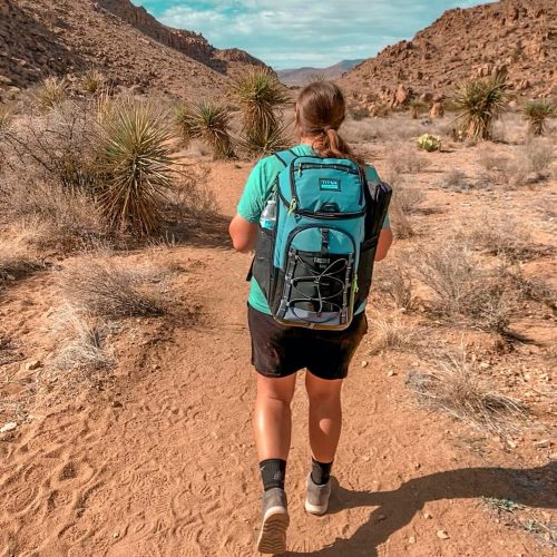 Hiking in desert with backpack cooler