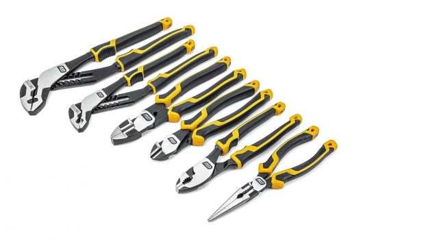 Yellow and black assorted pliers of different shapes and sizes