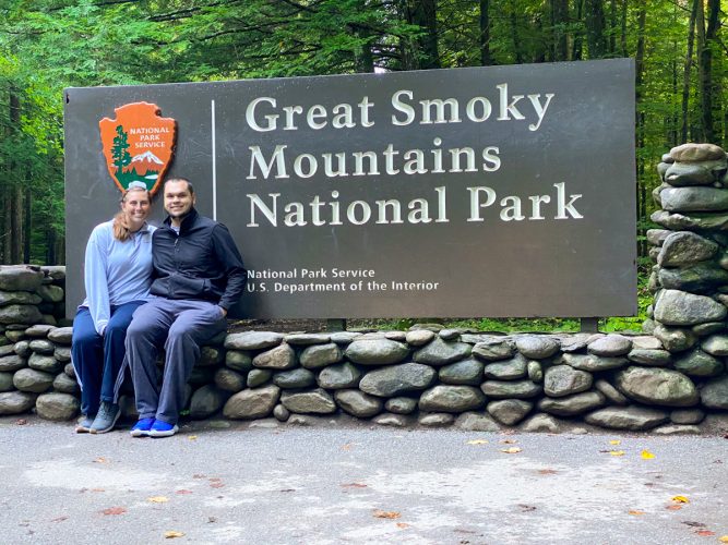 Megan and Philip in front of Great Smoky Mountains sign